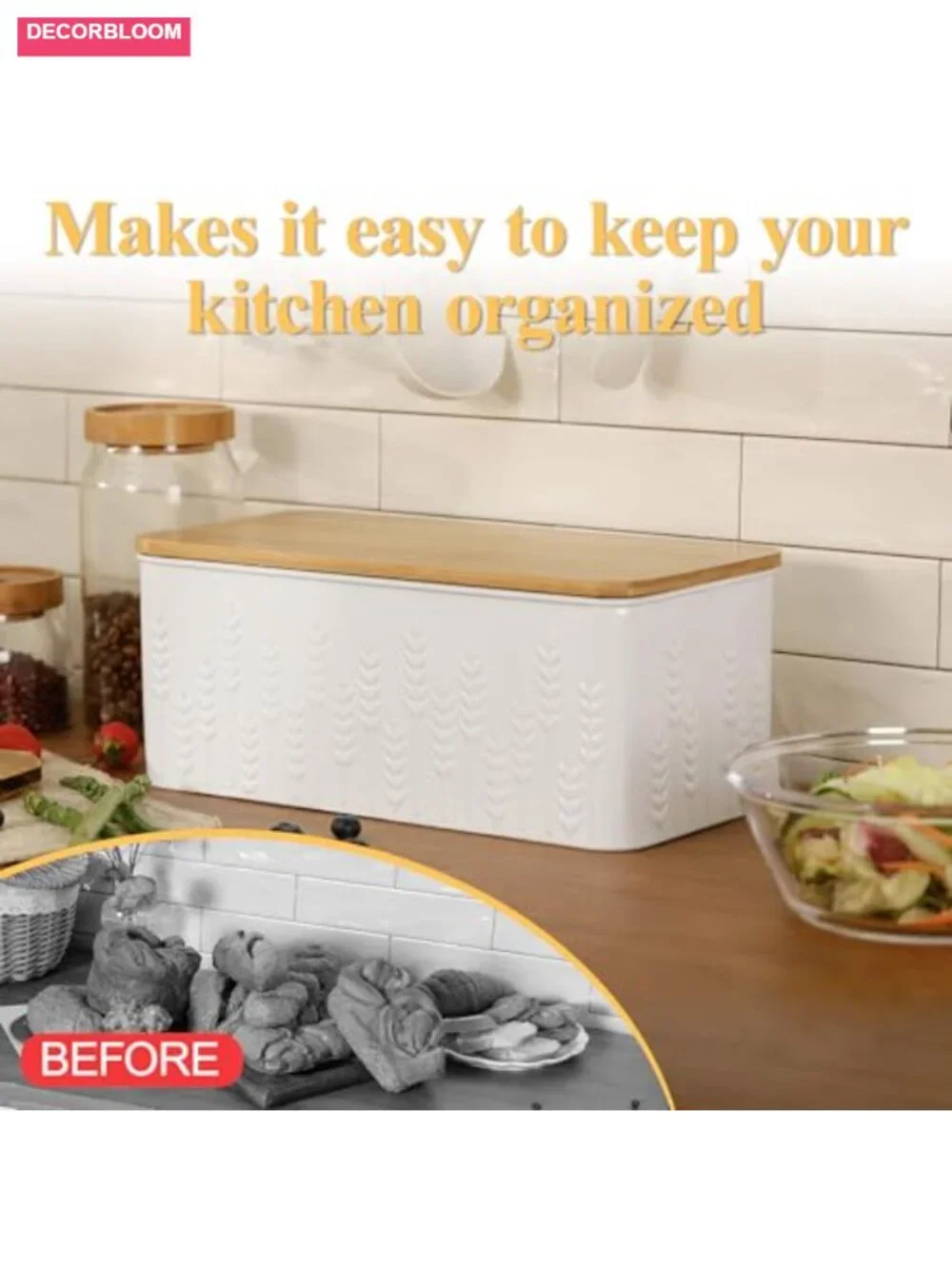 White Ear of Wheat Embossed Bread Box with Bamboo Lid